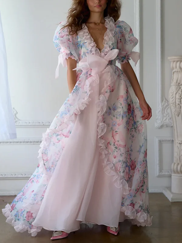 V-Neck Short Sleeves Bow Printed Chiffon Vacation Maxi Dress