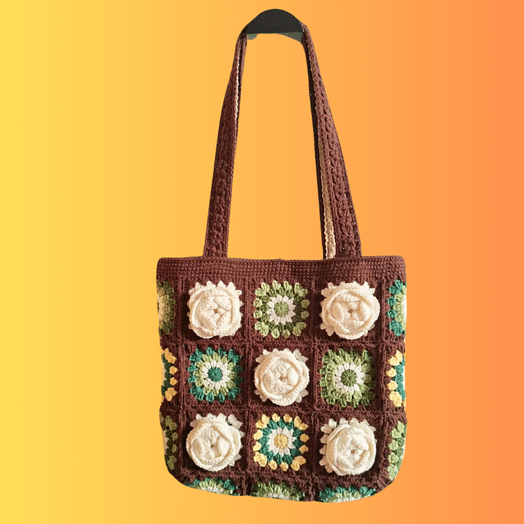 Lulusnow Handmade Camel 3D Camellia Bag 2023 Crochet Tote Bag Shoulder Bag, Amigurumi Flower Shoulder Bag, Handmade Bag for Girls