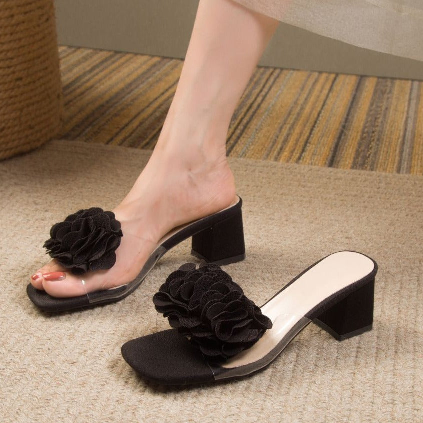 Women's flower block heels slides peep toe chunky mules
