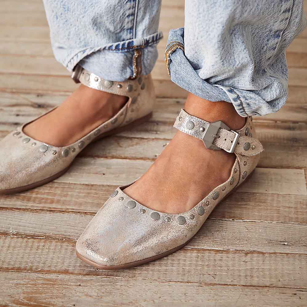 Champagne Square Toe Strap Buckle Mary Jane Shoes with Studded Decor Nicepairs