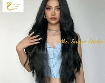 Pornhint 30 Inches Jet Black Natural Wavy Wig/ Natural Look Hair/ Heat Resistant Synthetic Wig/ Fashion Wig/ Styled Wigs/ Christmas Wig/ Costum Wig