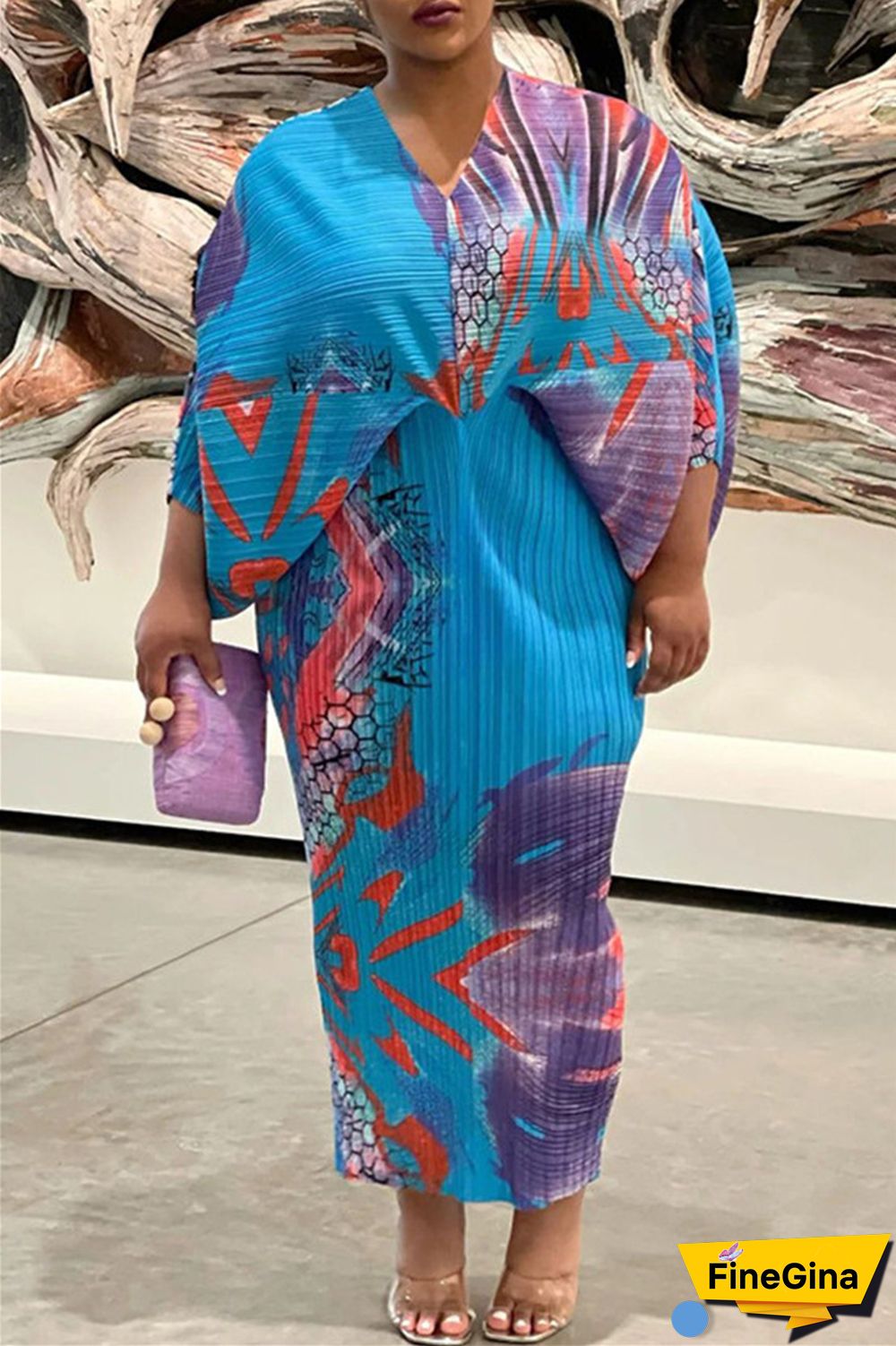 Pink Purple Casual Print Patchwork V Neck Pencil Skirt Plus Size Dresses