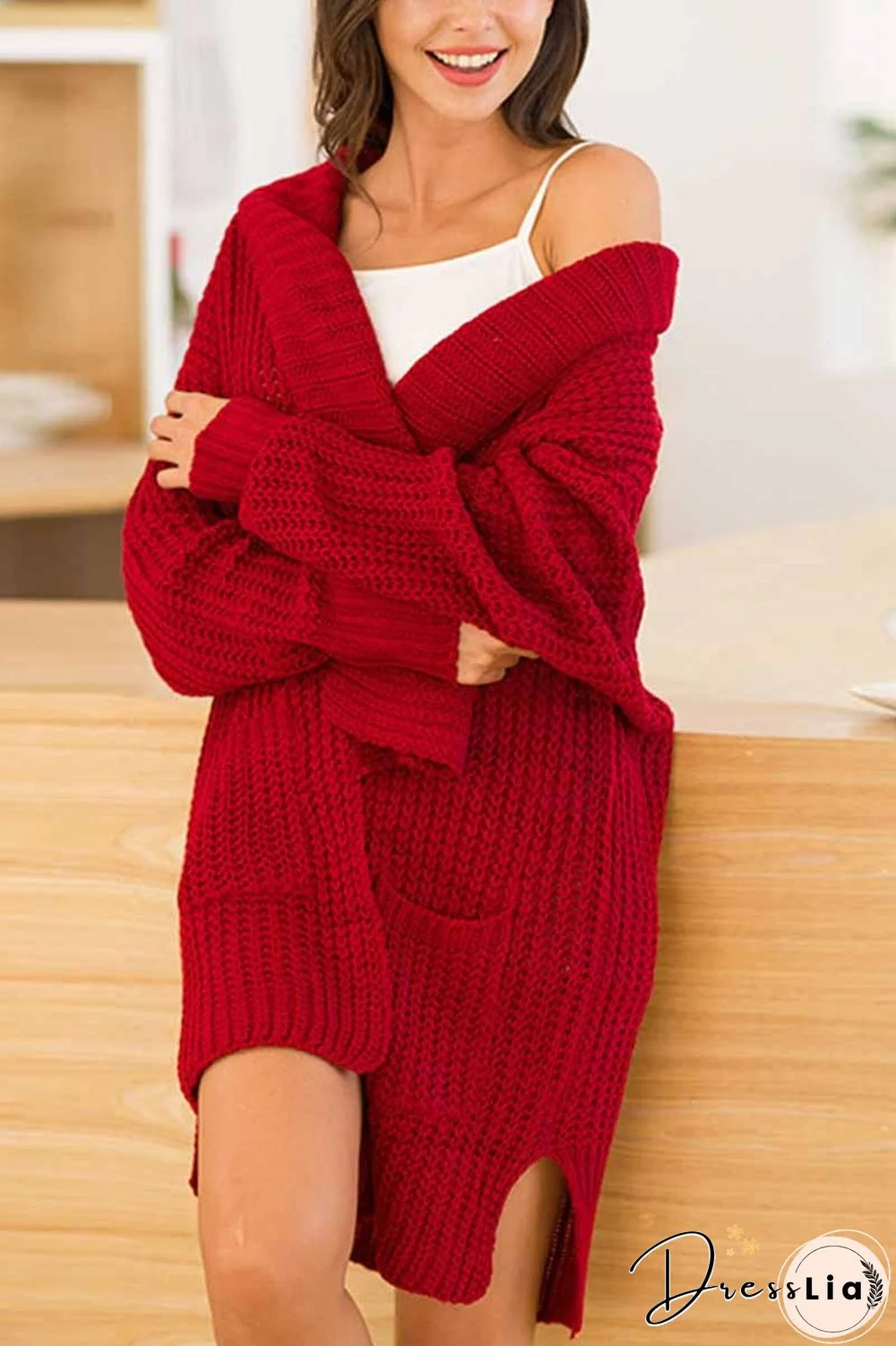 Knitted Red Long Sweater Coat