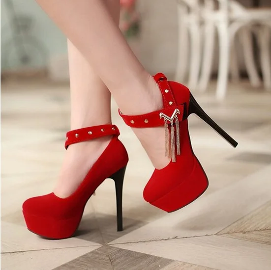 Women's Red Buckle Stiletto Heel Ankle Strap Heels Pumps Shoes |FSJ Shoes