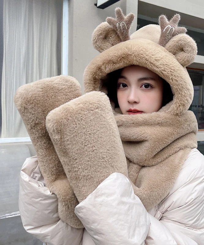 Cute Little Bear Warmth Hooded Scarf Glove Three Piece Set