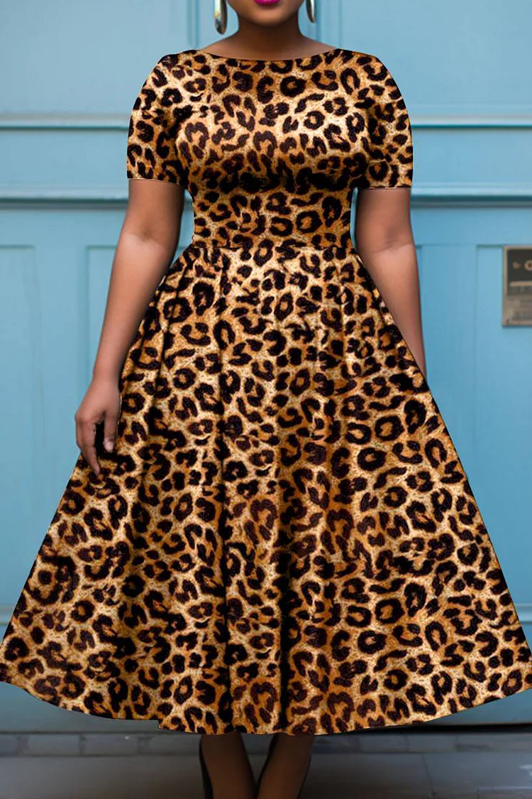 Xpluswear Design Plus Size Daily Brown Leopard Round Neck Short Sleeve Midi Dresses