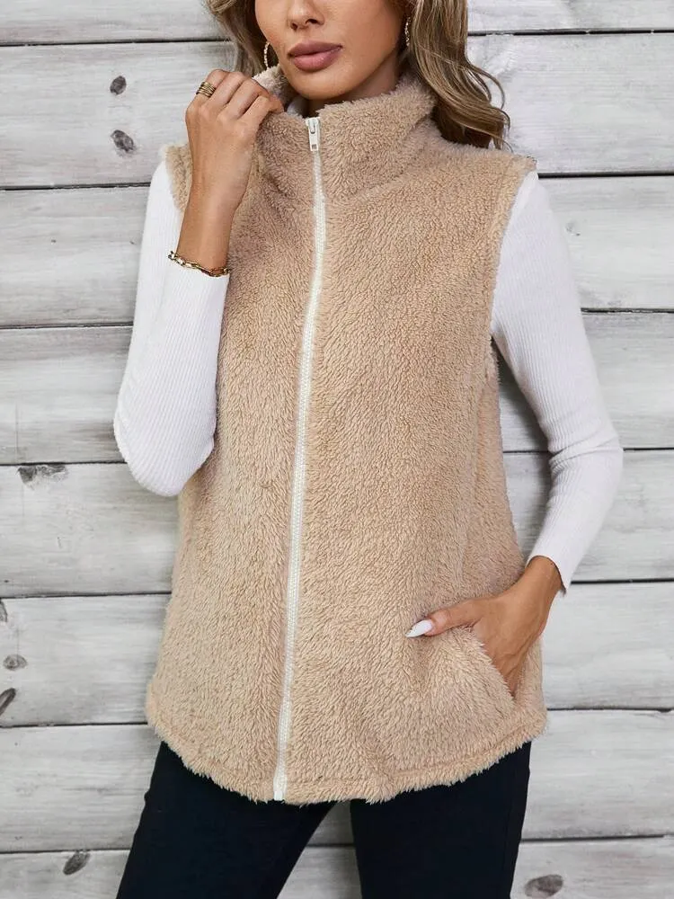 Women's Casual Solid Color Stand Collar Sleeveless Fluffy Jacket, Autumn/Winter