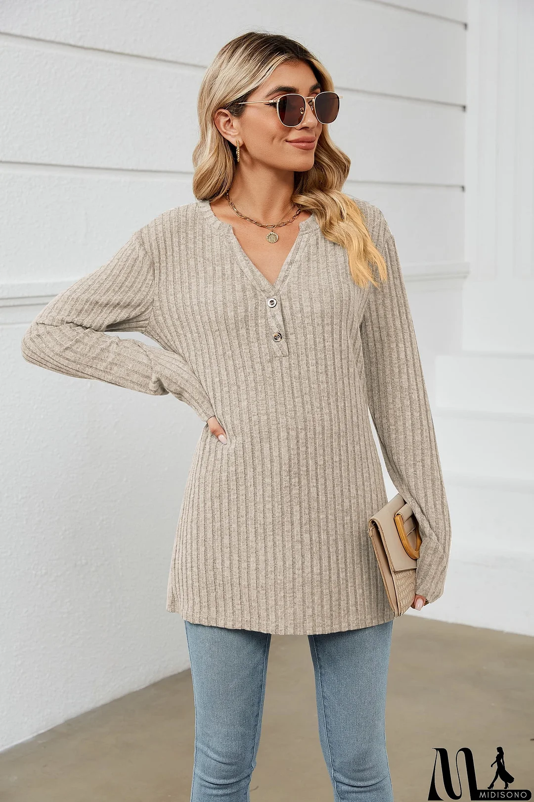 MidiSono - Notched Neck Ribbed Long Sleeve T-Shirt