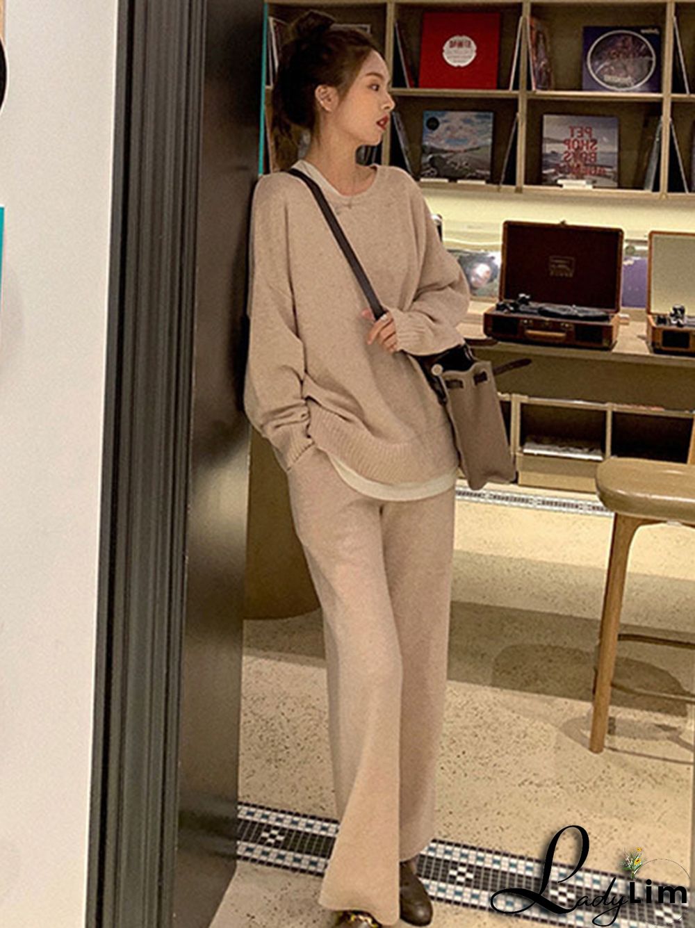 Casual Loose Solid Color Round-Neck Sweater Tops & Wide Leg Pants Suits