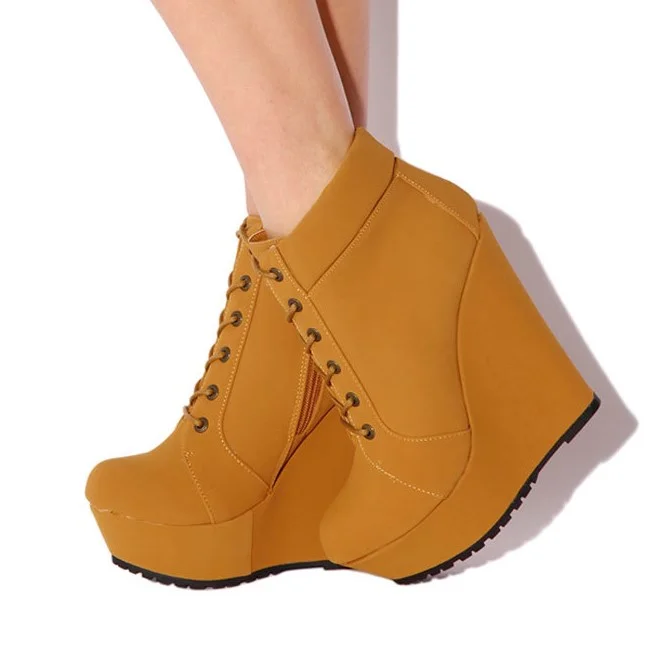 Wedge Ankle Boots - Mustard Fashion Platform Lace-Up Vdcoo