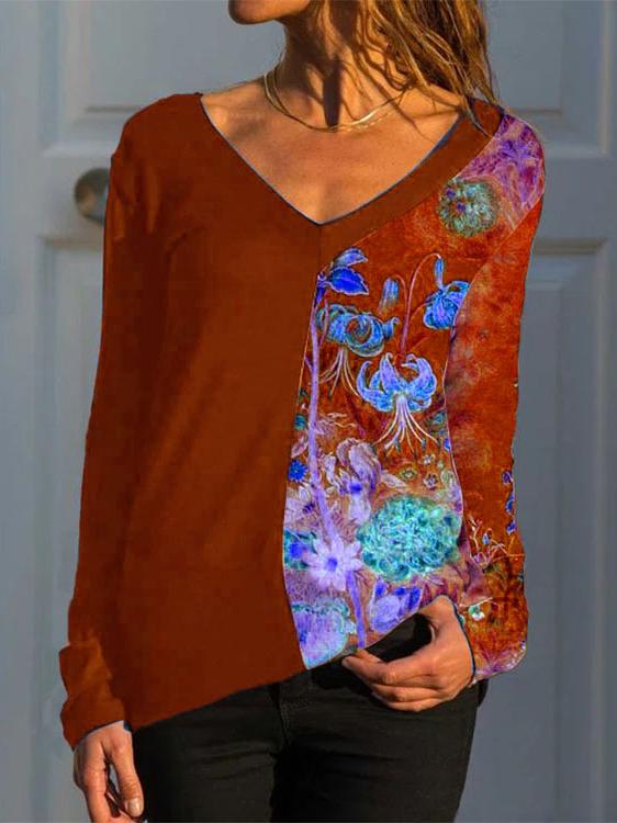 Women Long Sleeve V-neck Printed Tops