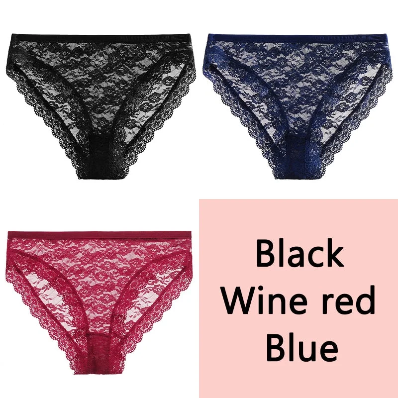 FINETOO Full Lace Briefs Panties Sexy Women Underwear M-2XL Low Waist Underpants Transparent Floral Panty Ladies Lingerie 3Pcs