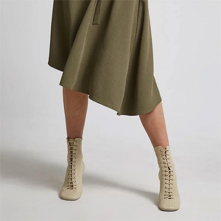 Custom Made Beige Square Toe Lace Up Booties for Women |FSJ Shoes