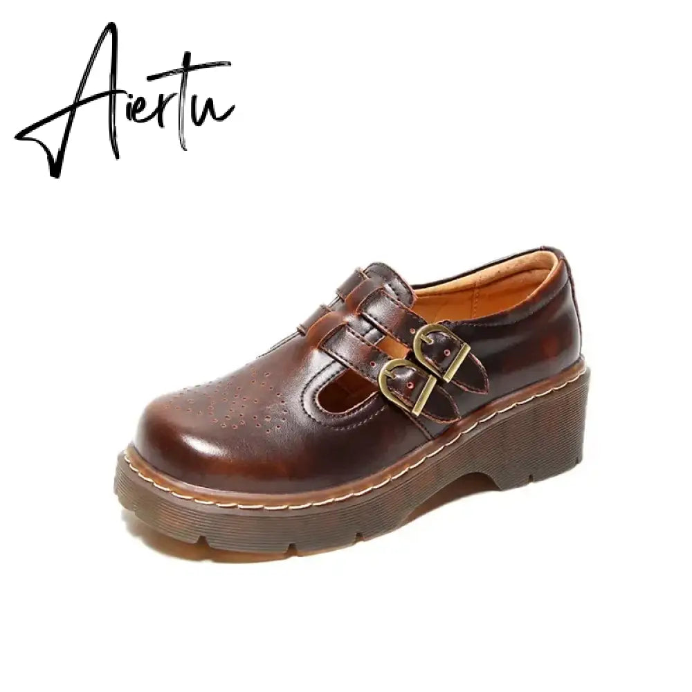 Aiertu Women Flats British Style Oxford Shoes Women Autumn Soft Leather Casual Maid Shoes Retro Buckle Flats Dress Shoes for Women Aiertu