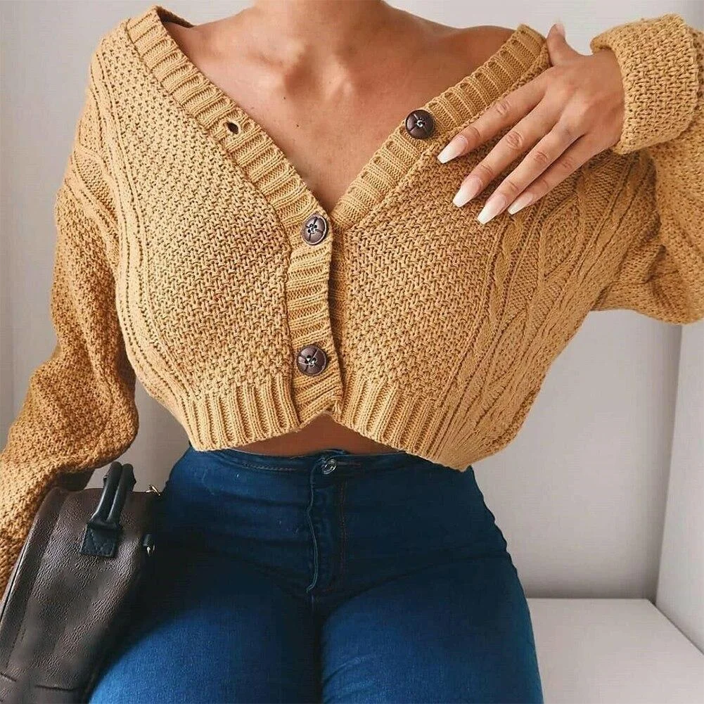 Women Knitted Casual Cardigan Autumn Short Jacket Loose Cropped Sweater Buttons Cardigan Long Sleeve Sweater Coat Outwear