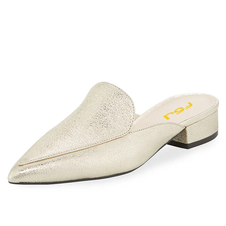 Champagne Pointed Toe Block Heel Mule Loafers for Women |FSJ Shoes