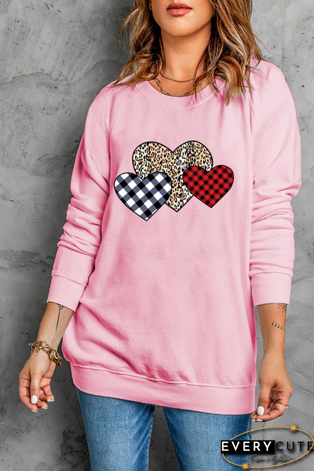 Pink Plaid Leopard Hearts Print Drop Sleeve Pullover Sweatshirt