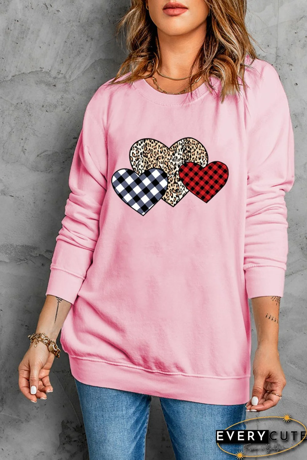 Pink Plaid Leopard Hearts Print Drop Sleeve Pullover Sweatshirt