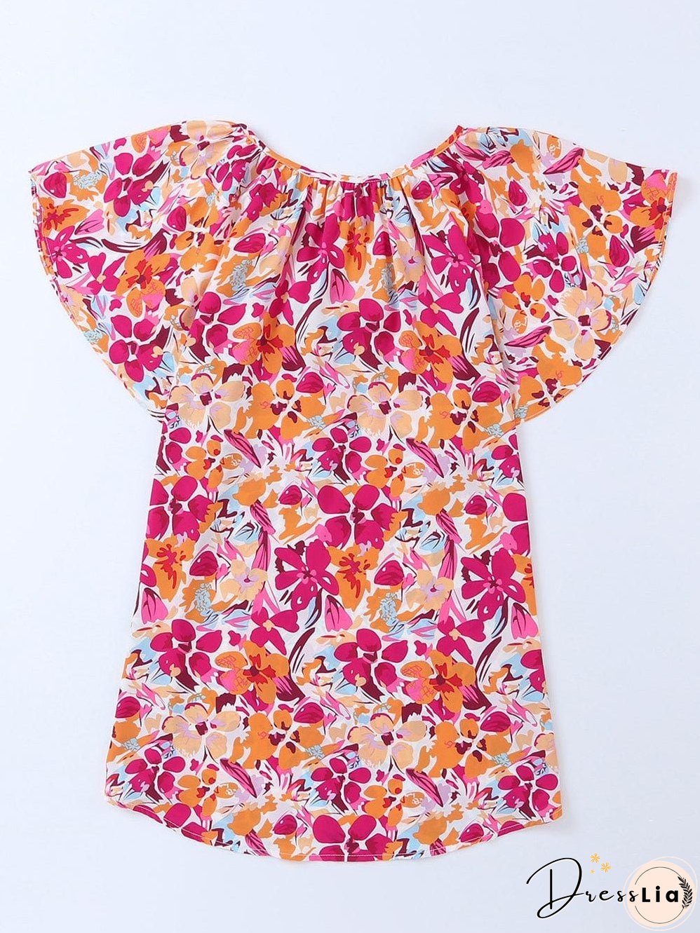 Fiery Red Floral Print Top with Flutter Sleeves