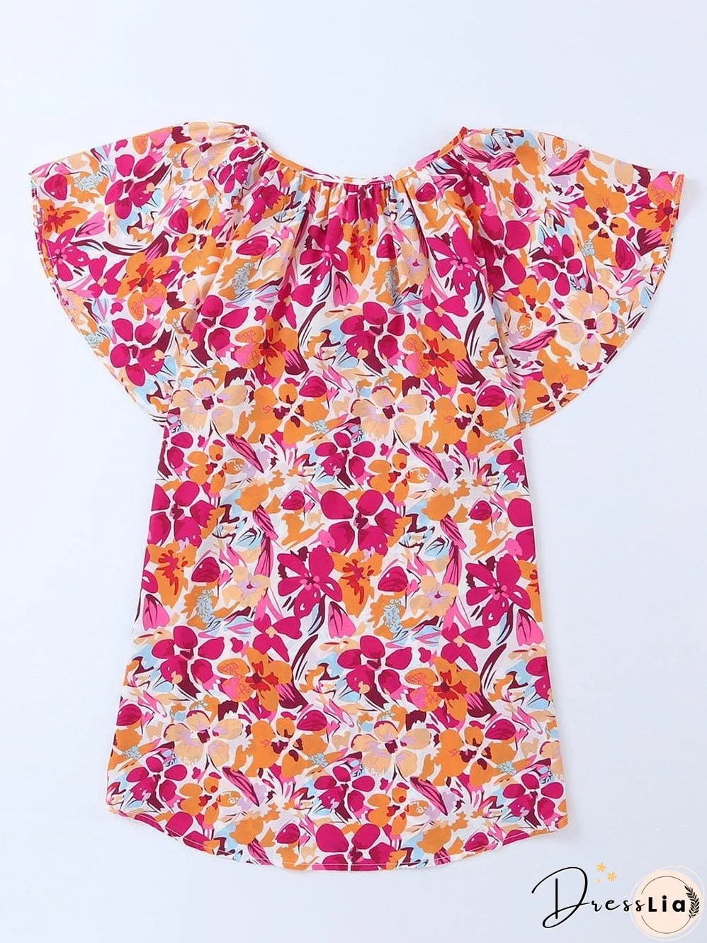 Fiery Red Floral Print Top with Flutter Sleeves