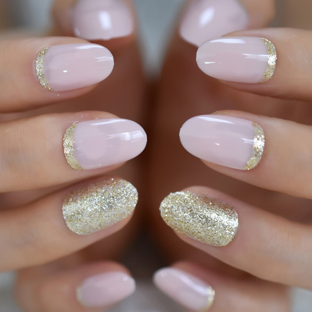 Light Pink Oval Fake Nails Daily Style Gold Glitter MOO Short Nail Art Tips Press on Nails Shimmer Manicure Tip with Adhesive
