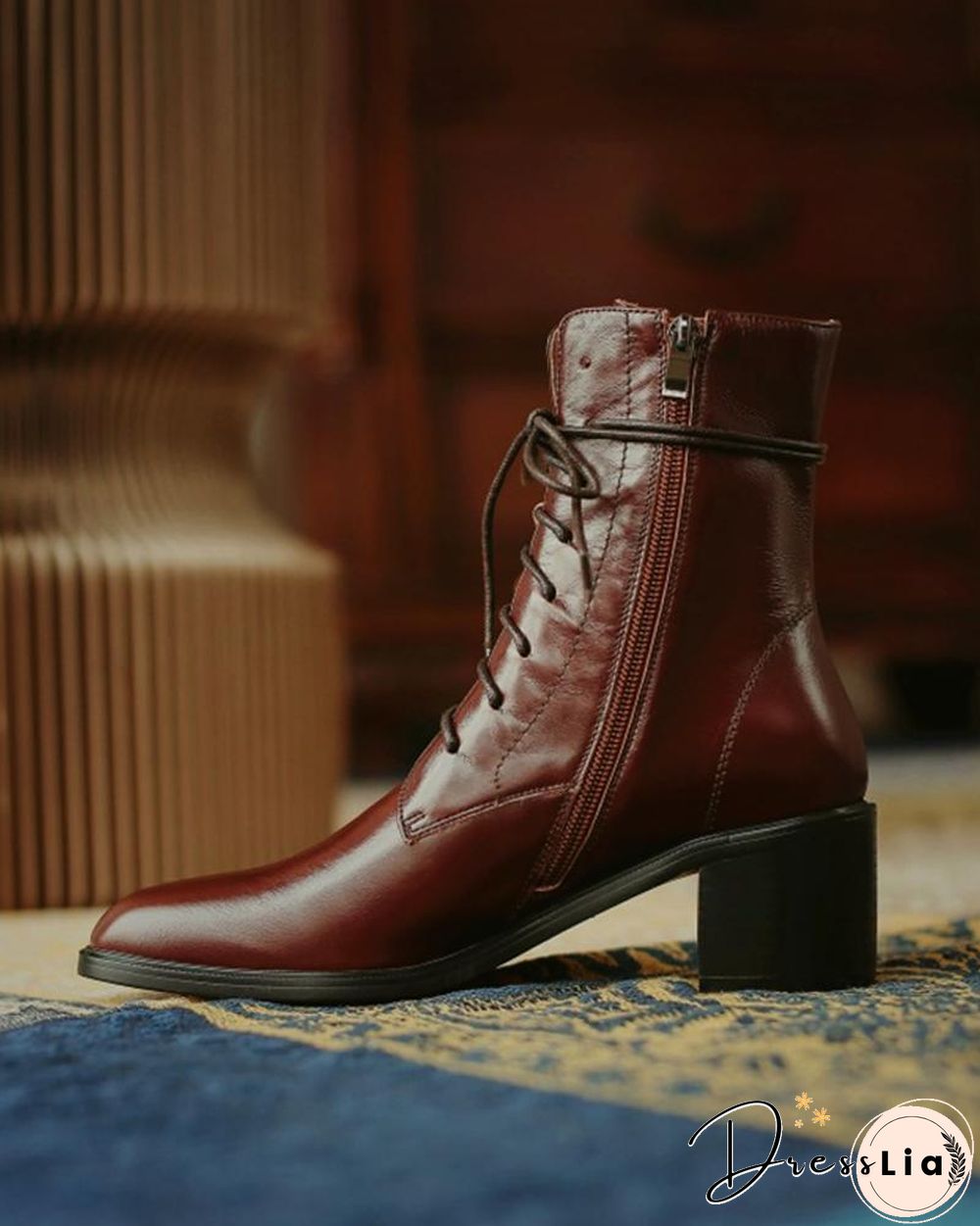 Pointed-toe Solid Color Lace-up Martin Boots