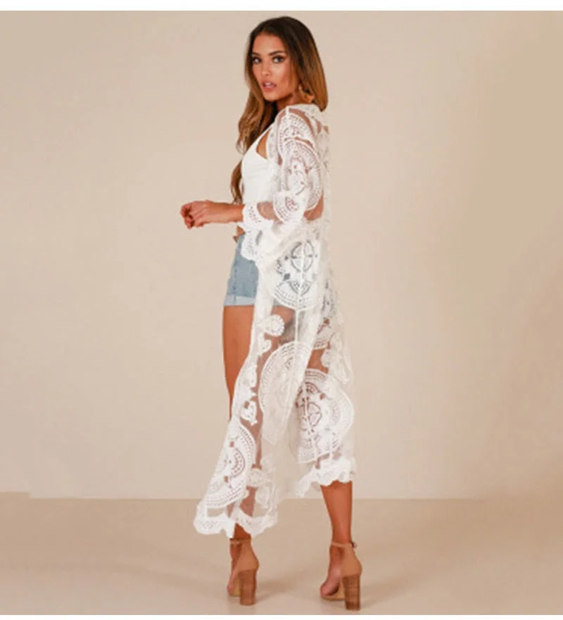 Fitshinling Summer Beach Kimono Long Cardigan Swimwear Bohemian Holiday Lace Cover-up Sexy Hot White Bikini Outer Cover Kimono