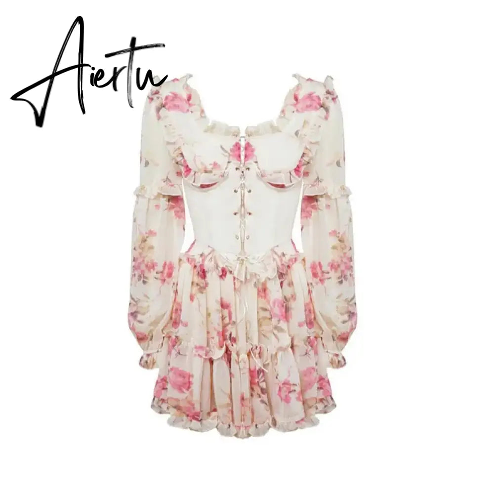 French Romance Sexy Backless Mini Dresses Chic Women Off Shoulder Full Sleeve Corset Pleated Dress Elegant Vintage Club Party Aiertu