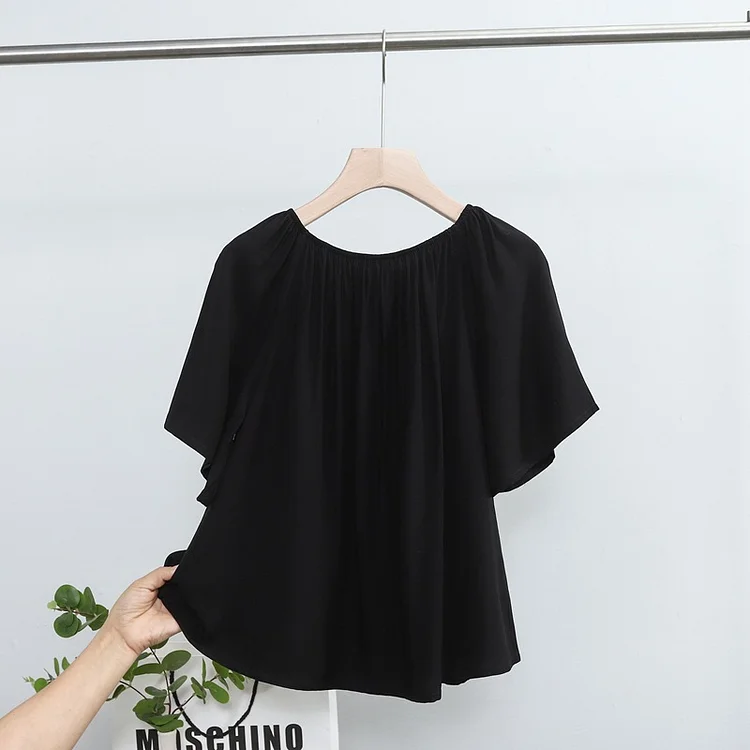 Women's Loose Cuffs Off Shoulder Top Summer Cotton Short-sleeved Rayon Solid Blouse