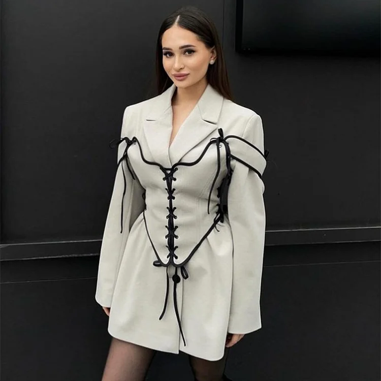 Wool Solid Color Blazer Bandage Girdle Two-piece Set