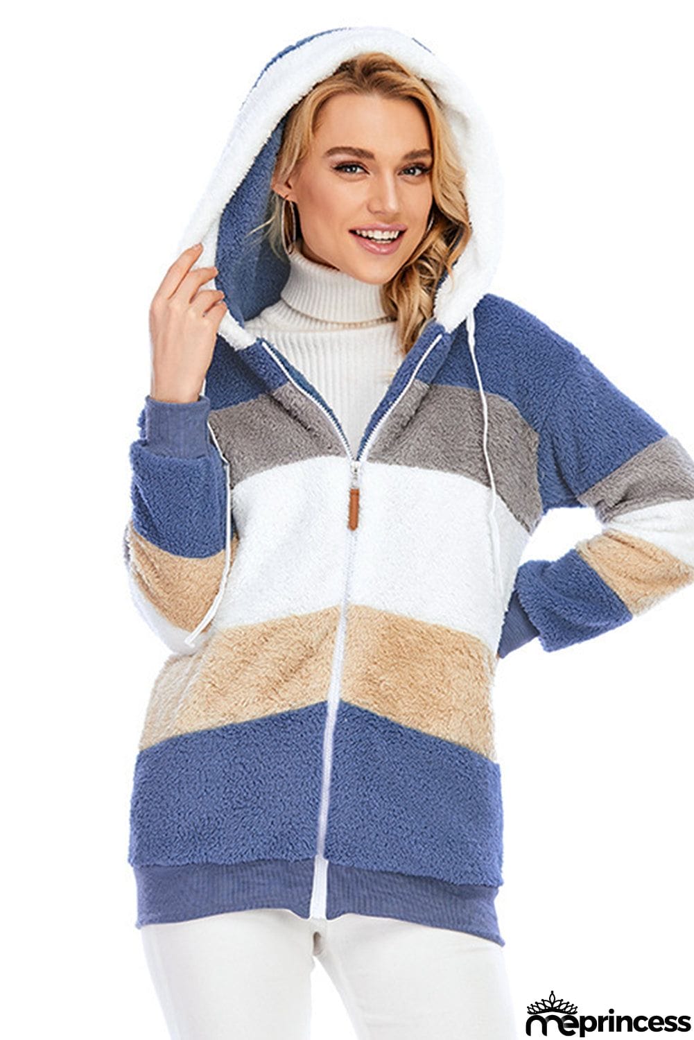 Colorblock Zip Up Sherpa Coat with Hooded