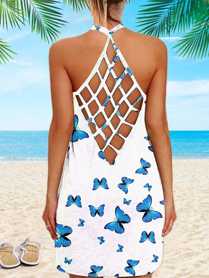 Cutout Halterneck Print Resort Dress