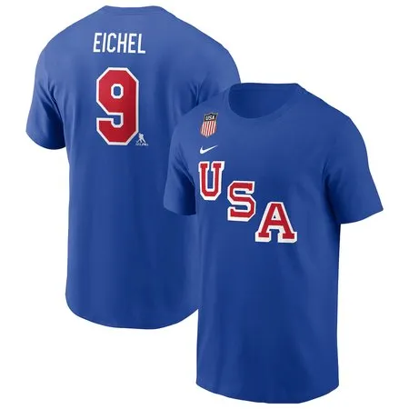Men's 2026 US Hockey #9 Jack Eichel Royal Name & Number T-Shirt