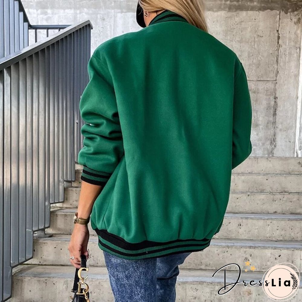 Fashion Contrast Woolen Jacket Women Casual Long Sleeve O Neck Single Breasted Coats Ladies Autumn Loose Pocket Baseball Uniform