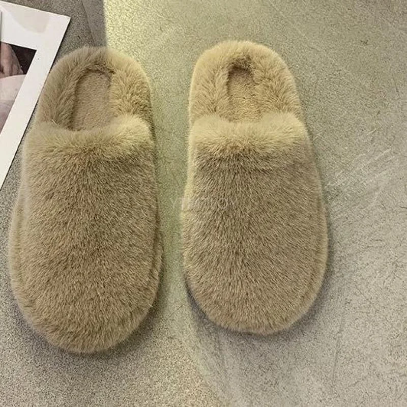 Winter Women House Zapatillas Mujer Casa Furry Slippers Fashion Faux Fur Warm Shoes Slip on Flats Female Slides Black Plush