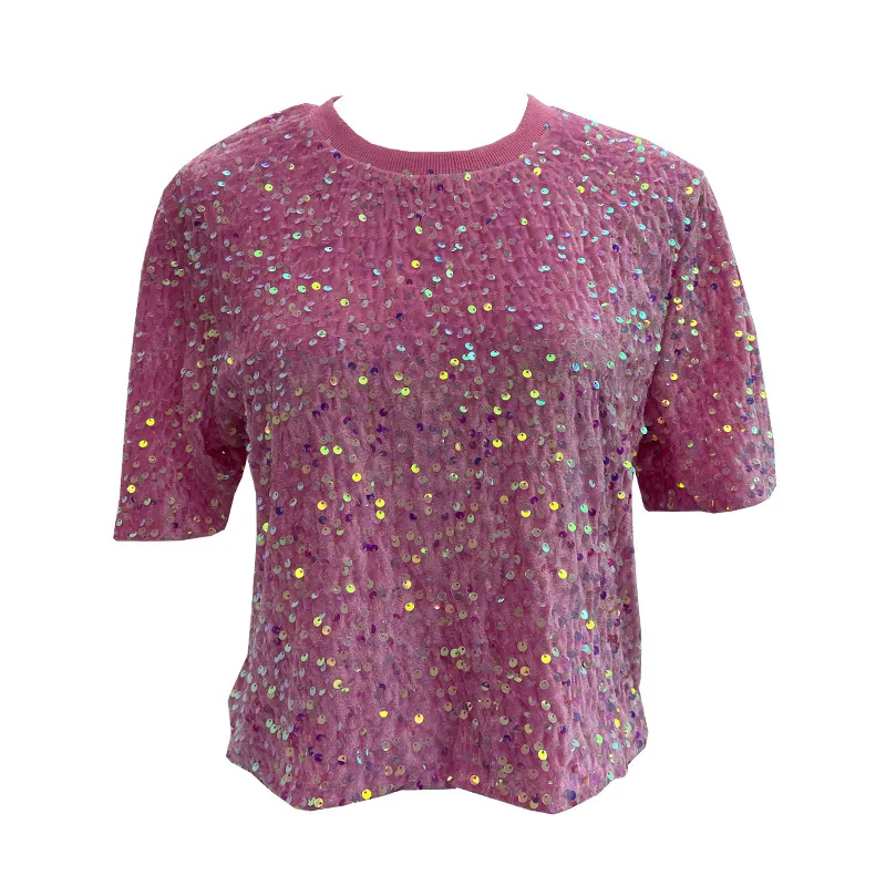 Nigikala Nigikala Sequin Short Sleeve T-Shirt 2025 Spring And Summer Korean Version Of Loose Night Club Bling Top 9088