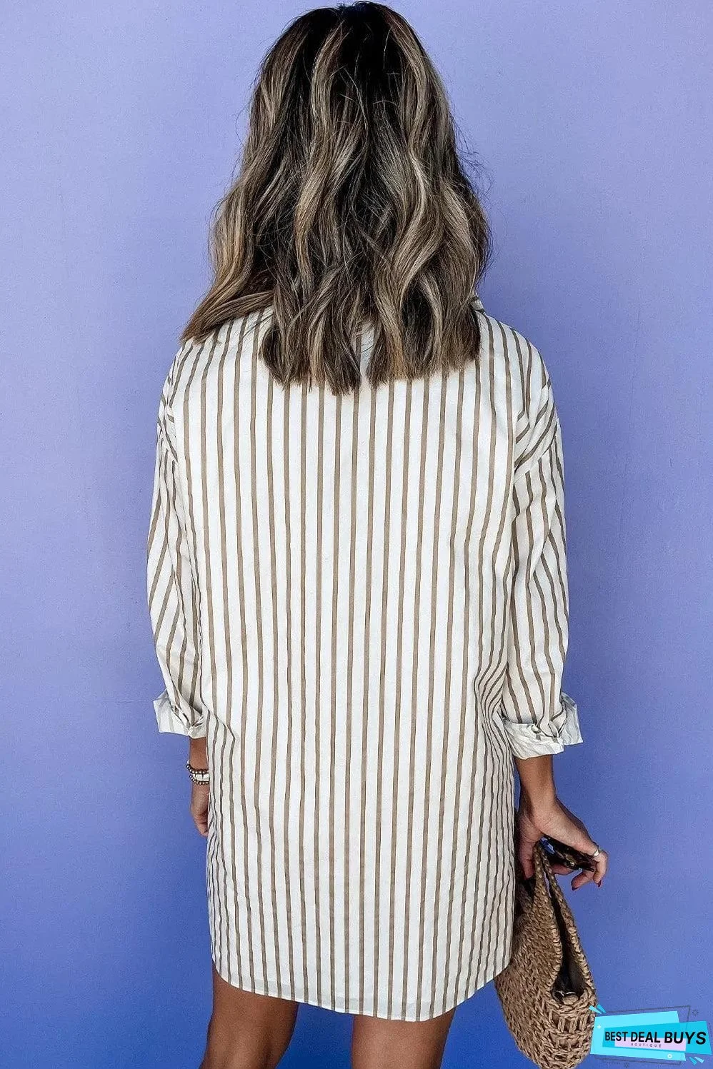 Khaki Stripe Long Sleeve Button Up Mini Shirt Dress