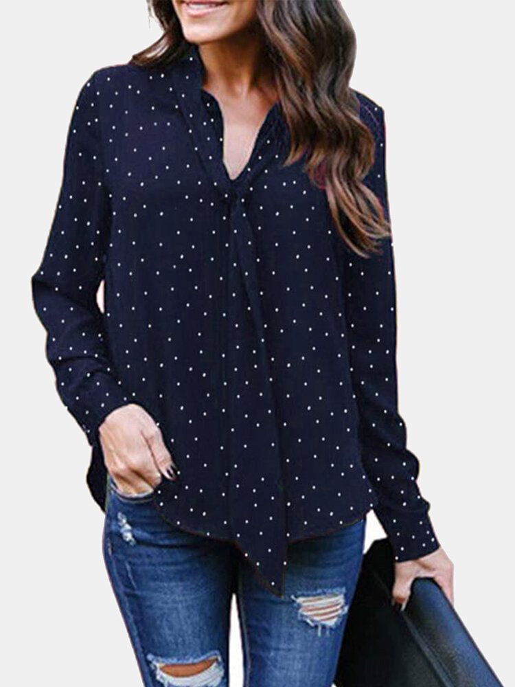 Dot Printed Long Sleeve Knotted Asymmetrical Blouse For Women P1765482