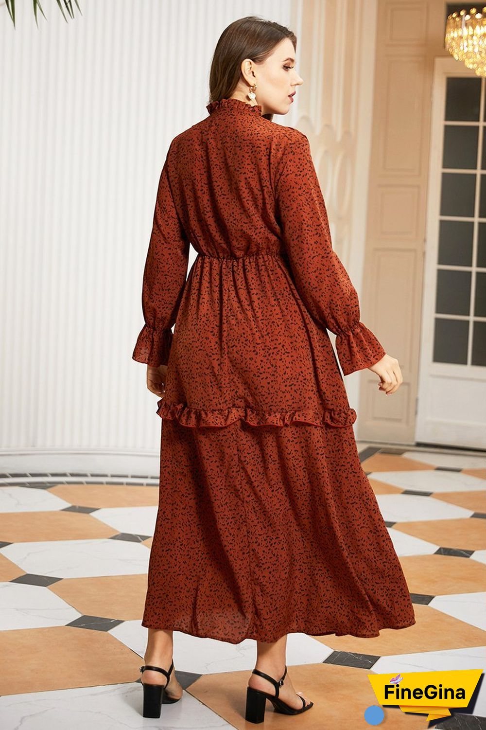 Burgundy Tie-neck Ruffle-detailing Tiered Maxi Dress P10376