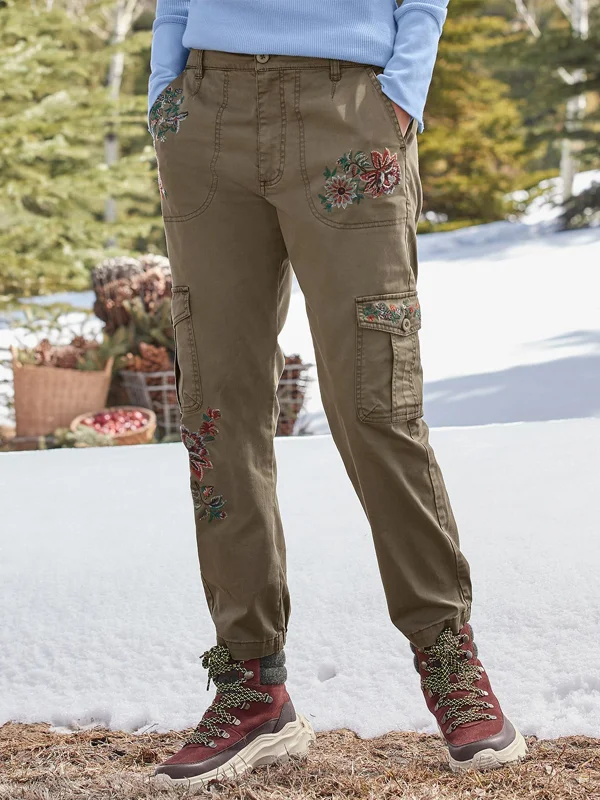 Women's Multicolor Embroidered Cargo Pocket Jogger Pants