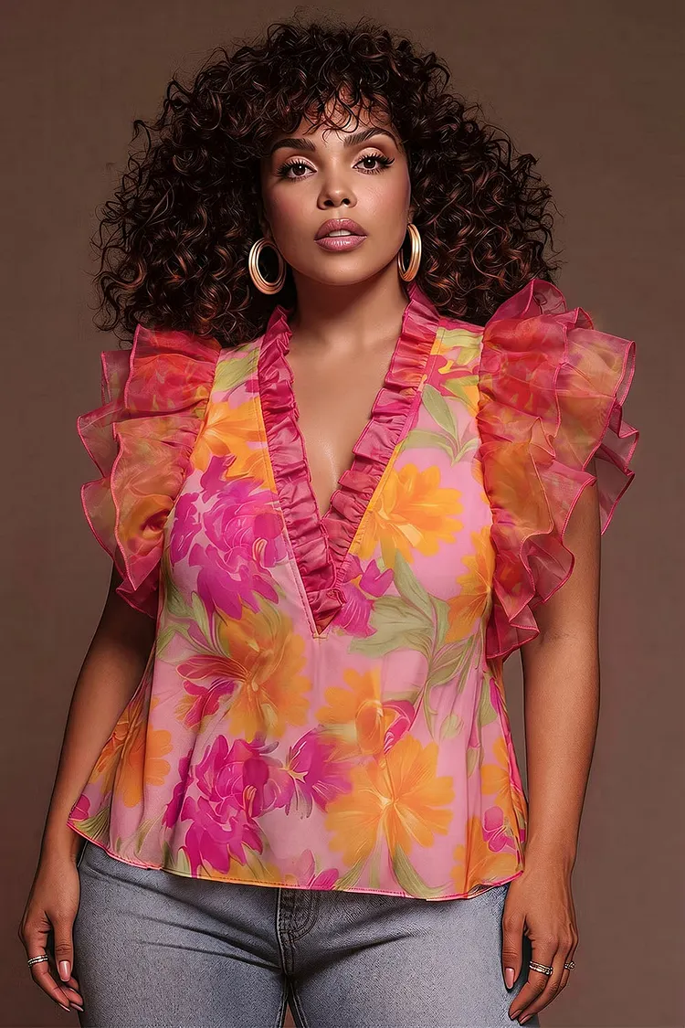 Xpluswear Design Plus Size Vacation Elegant Pink Floral V Neck Short Sleeve Ruffle Chiffon Tank Tops 2024 - Xpluswear