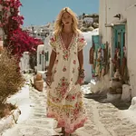 Vintage Boho Floral Pattern Comfy Linen Maxi Dress - Image 2