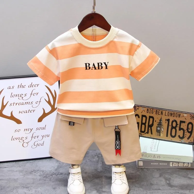 Striped Baby Boys Clothes 1 2 3 4 5 Years Fashion Kids Cotton T-Shirt with Khaki Shorts Children Costume Toddler Outfit Letter