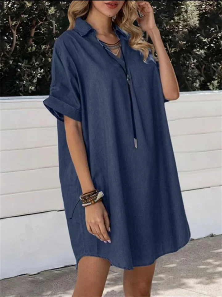 Women Fashion Casual V-Neck Lapel Denim Solid Color Short Sleeve Swallow Tail Dress Black Dresses | IFYHOME