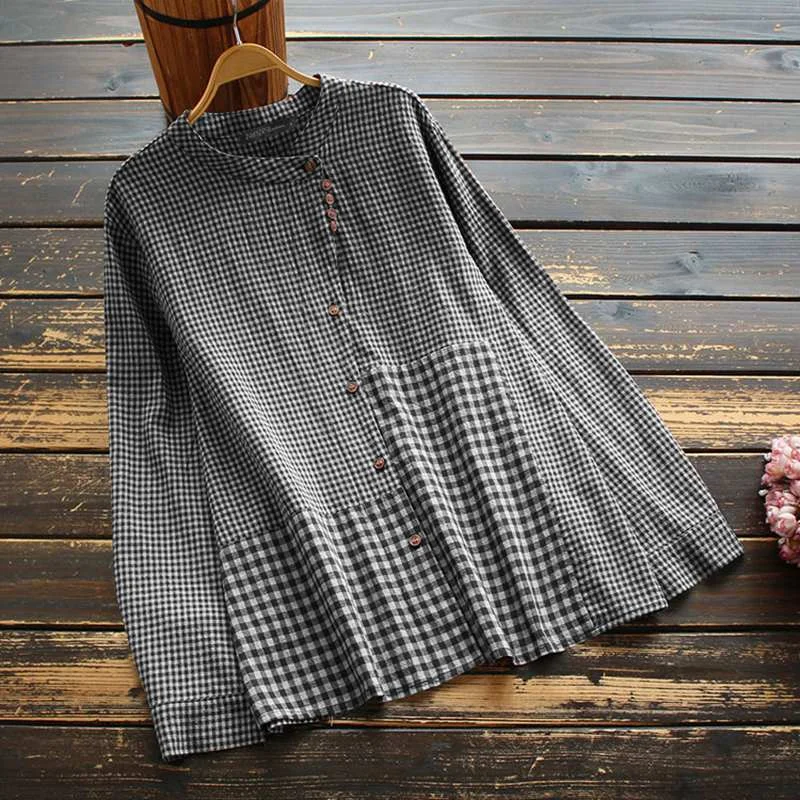 Elegant Women's Patchwork Blouses ZANZEA 2022 Spring Check Shirts Casual Blusas Female Button Blusas Tunic  Chemise