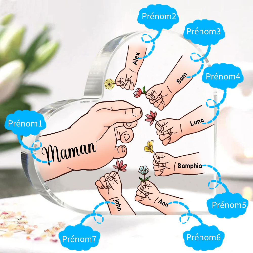 À ma Maman/Mamie - Plaque Acrylique Mains et Enfants en Forme de Cœur 7 Prénoms Personnalisés