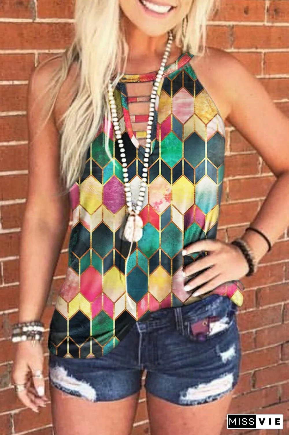 Geometric Pattern Halter Cutout Vest