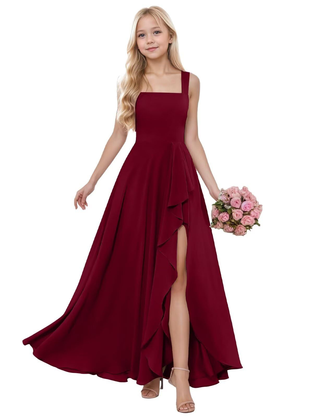 Chiffon Square Neck Wide Shoulder Straps Sleeveless High-Waisted Long A-Line Junior Bridesmaid Dress With Split And Ruffles | JB032 Wellcucu