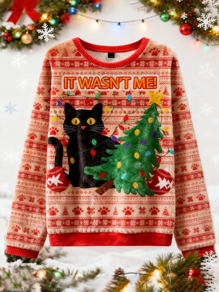 Black Cat Destroys Christmas Tree Christmas Ugly Sweatshirt elevenforest