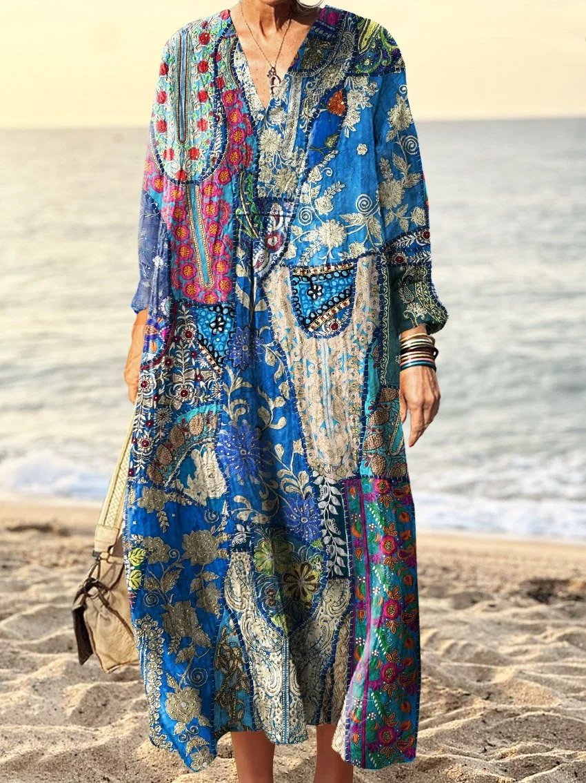 Women's Floral Patchwork Printed Dress Printed V Neck Long Sleeve Dress